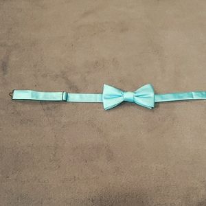 Satin light teal blue clip on bow tie